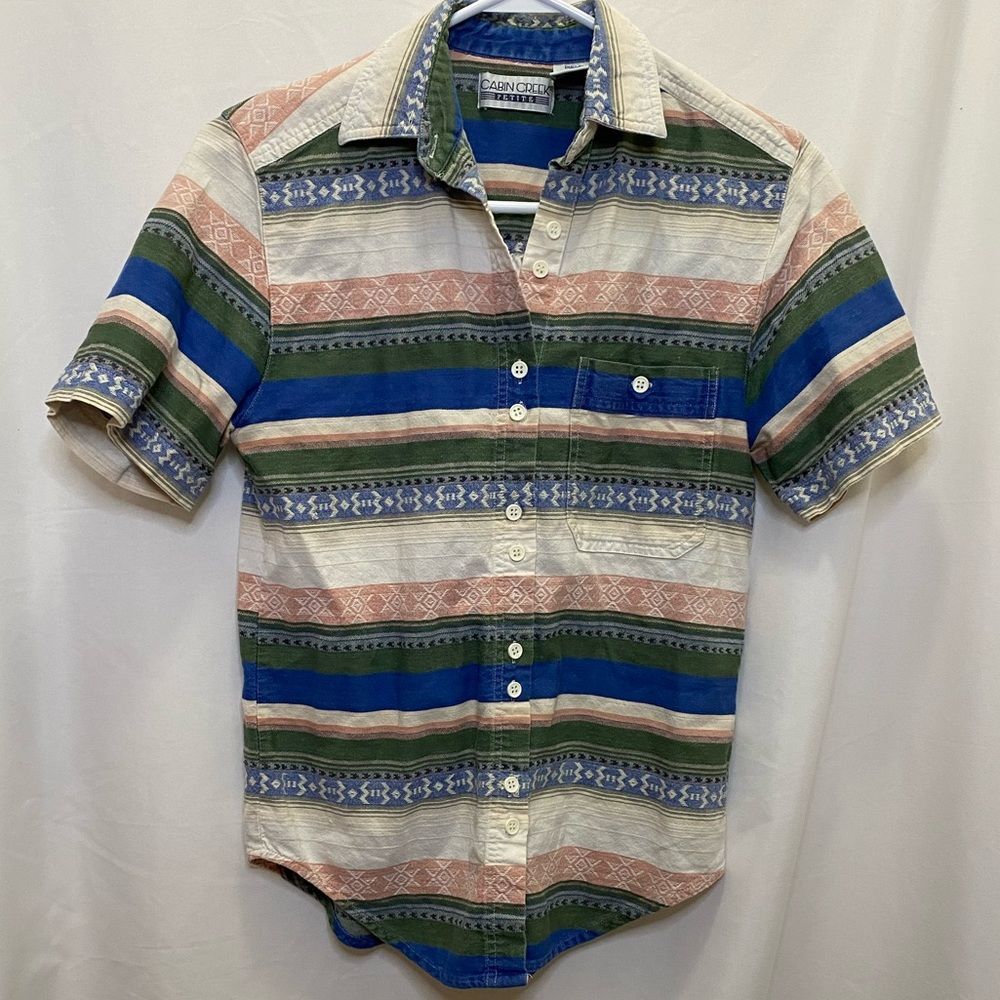 Cabin Creek vintage colorful tribal pattern button up blouse tee, size S petite